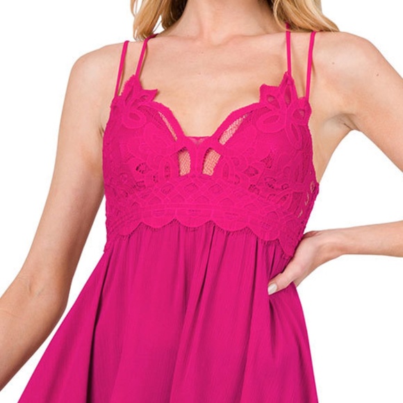 CROCHET LACE WITH WOVEN CRINKLE ASYMMETRIC RUFFLE TRIM CAMI DRESS - Picture 3 of 6